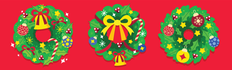Set of Cute christmas wreath flat vector illustration