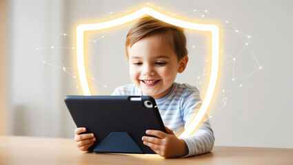 child smiling while using tablet, surrounded by digital shield symbolizing safe online environments. This highlights importance of digital safety for kids