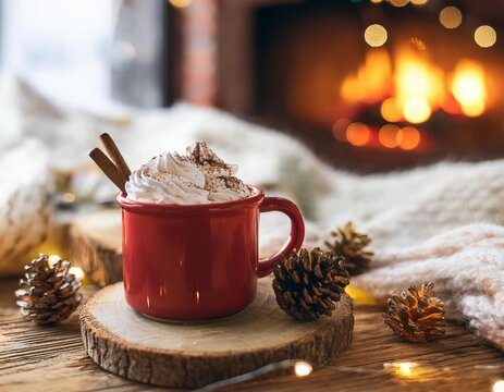 Red mug of hot chocolate with whipped cream, cinnamon sticks, and pine cones near cozy fireplace