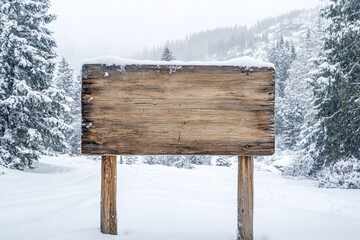 wooden sign with copy space for text in snow forest in winter