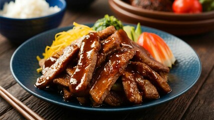 Teriyaki beef with vegetables on plate.