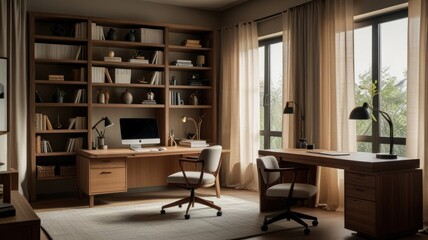 Here's a caption and keywords suitable for a stock photo site.. Modern home office with two desks, built-in shelving, and natural light.