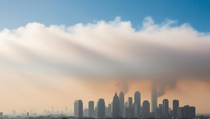 Fototapeta premium City skyline cloaked in thick smog contrasted with clear skies above, representing urban carbon footprint and air pollution