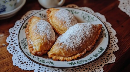 Delicious golden pastries dusted with powdered sugar on a decorative plate, capturing the essence of homemade treats and a cozy dining experience in a rustic setting