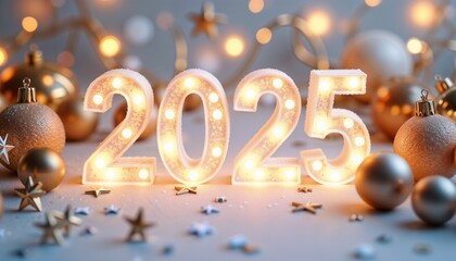 Glowing 2025 decorations with sparkling lights and festive ornaments for New Year celebration