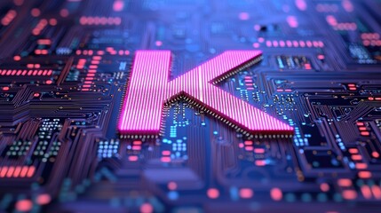 Fototapeta premium Glowing Pink Letter K on Circuit Board Technology Abstract Digital