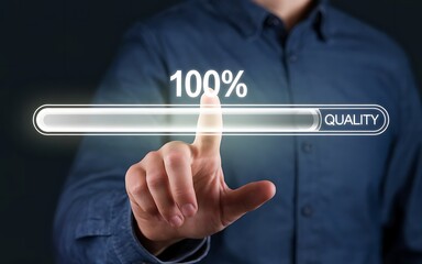 100% Quality Guaranteed: A hand reaches out to touch a futuristic progress bar displaying "100% Quality," symbolizing the achievement of top-tier standards.