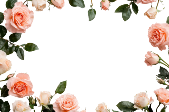 Beautiful arrangement of soft pink roses creating a romantic floral frame. transparent background