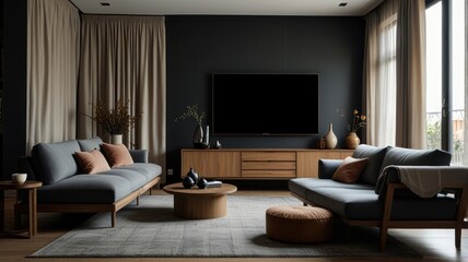 Here's a  and keyword list for your stock photo.. Modern living room with dark walls, two sofas, wooden furniture, and large TV.