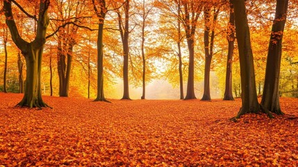 Fototapeta premium Autumn Forest: Stunning Orange Leaves and Trees Under Soft Light