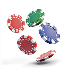 Colorful casino chips flying in the air, representing luck and excitement in gambling and gaming activities. isolated on white background.