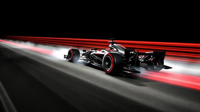 Black racing car speeding on a track at night