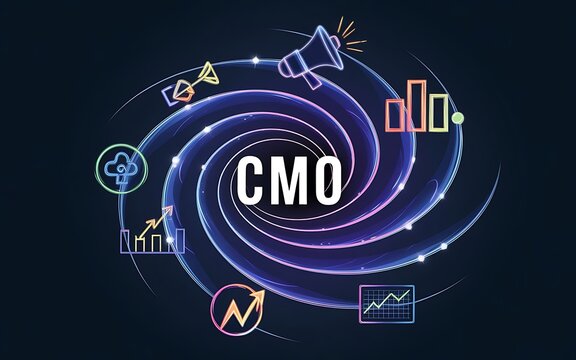 The CMO's Universe:  A vibrant, abstract illustration of a swirling galaxy with the acronym "CMO" at its center.  Surrounding the word are various icons representing marketing concepts like strategy.