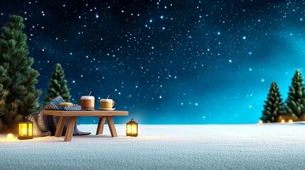 A small wooden table set outside in the snow with hot cocoa, blankets, and lanterns