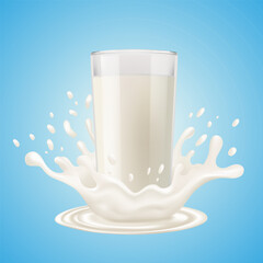 Full glass of milk with splash on blue background.
