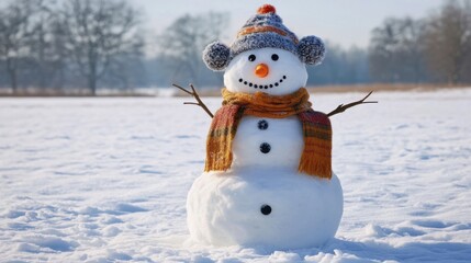 Obraz premium Cheerful snowman wearing a colorful scarf and hat outdoors in snow