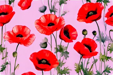 Fototapeta premium Summer flowers poppies Watercolor painting illustration, Bouquet red flowers, postcards, Generative AI