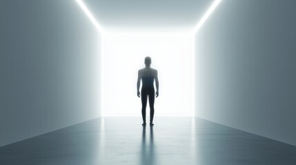 Obraz premium Futuristic Corridor Pixelated Human Figure in Bright White Room