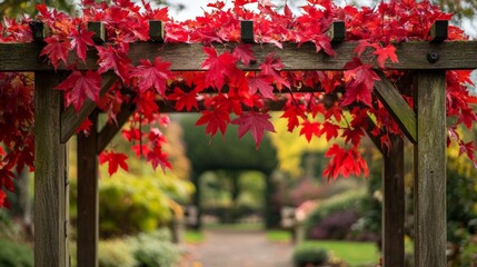 Vibrant Red Maple Leaves Over a Garden Entrance in Autumn Beauty