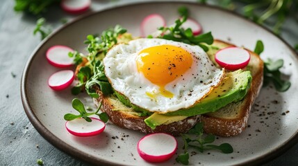 A beautifully composed plate of avocado toast featuring vibrant green avocado, runny poached egg, and garnished with radishes and microgreens under soft lighting