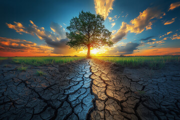 Obraz premium A lone tree standing between cracked, dry soil and lush green field. Lush green grass contrasting with cracked dry eart, representing ecological change.