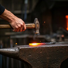 A blacksmith is shaping a piece of red-hot metal on an anvil using a hammer. The image captures the intensity and skill involved in this traditional craft.