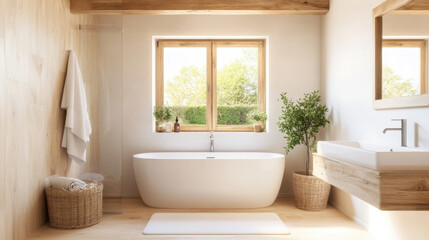 Modern bathroom featuring a freestanding tub, natural light, and minimalist decor, creating a serene and inviting atmosphere.