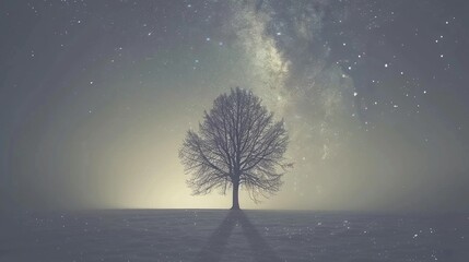 silhouette a lonely tree under a night sky full of stars