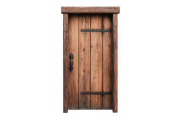 A wooden door with a metal lock and a metal handle. on transparent background.