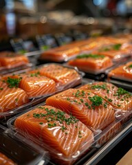 Fresh salmon fillets neatly arranged in clear packaging, garnished with herbs, showcasing vibrant colors and quality.