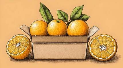 Three oranges in a cardboard box with two halves.
