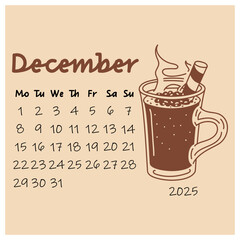 December calendar design for 2025 brown mug with chocolate Christmas egg nog, chocolate tube. winter month. painted calendar planner in a minimalistic style, an annual organizer. Numbers for every day