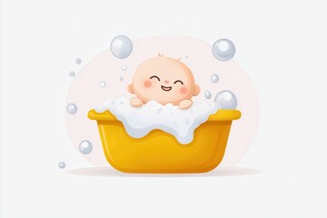 A cheerful baby enjoying a bubble bath in a yellow tub, surrounded by playful bubbles.