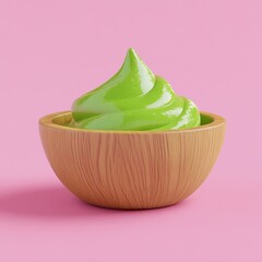 Vibrant Green Ice Cream Swirl in Wooden Bowl on Pink Background