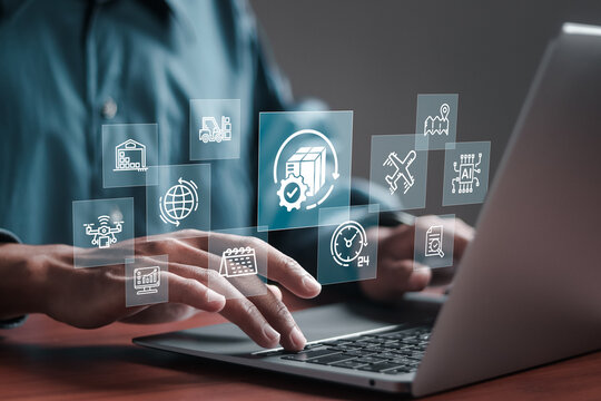 Logistic and transport concept, Businessman using laptop with supply chain technology for logistic management, organizing and controlling resources to meet the needs of customers.