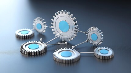 Focused business strategy, abstract gears and interlocking pathways, futuristic 3D illustration
