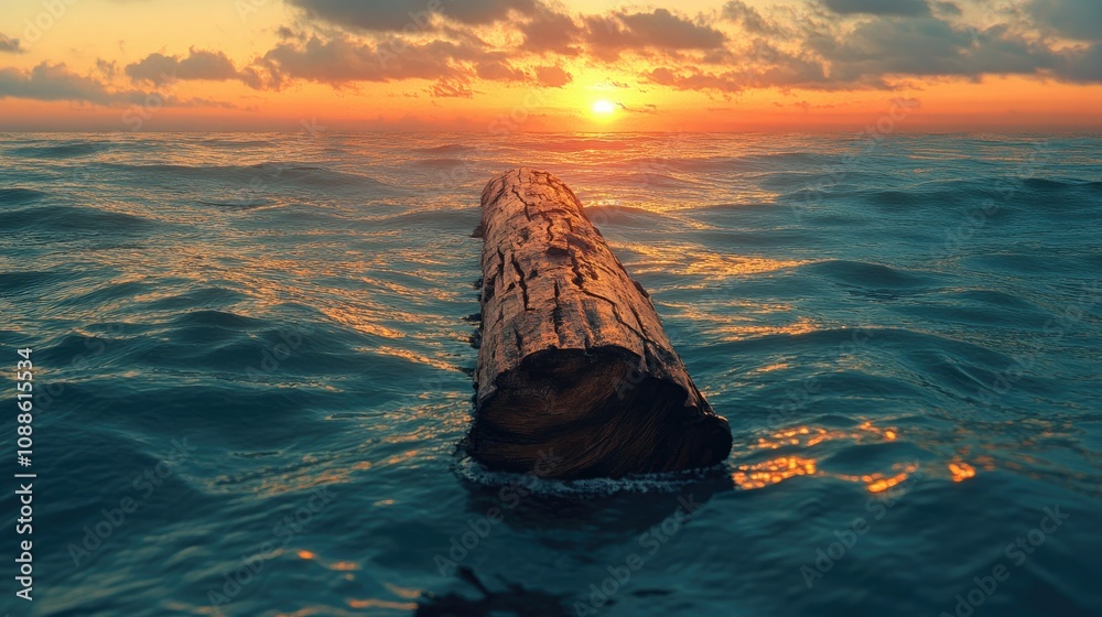 Poster a rustic log drifting in the middle of the ocean at sunset, surrounded by peaceful waves, with the v
