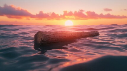 A rustic log drifting in the middle of the ocean at sunset, surrounded by peaceful waves, with the vibrant colors of the setting sun in the background