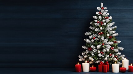 Festive Christmas Tree Candles Gift Snowy Branches Dark Wood Background