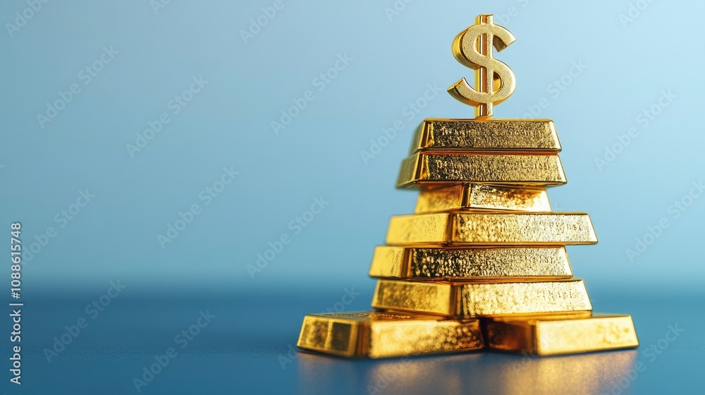 Poster a stack of glittering gold bars with a dollar sign placed on top, set against a soft blue backdrop, 