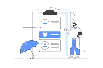Modern health care services and medicine concept. Doctor presenting health insurance contract with umbrella. Flat Cartoon Vector Illustration, icon. Stylish Abstract Modern