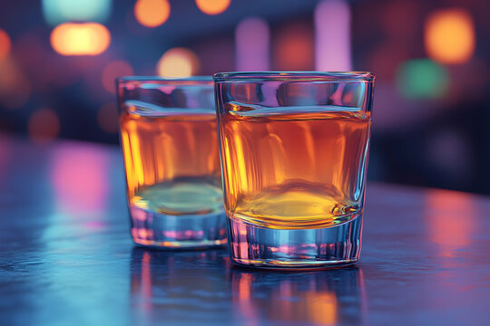 Two shots at blurry, lit bar.