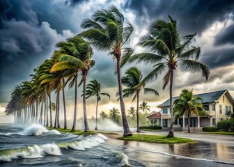 Fototapeta premium Palm Trees Bending in Hurricane Winds Causing Flooding in Residential Areas, Showcasing the Impact of Severe Weather on Landscape and Communities