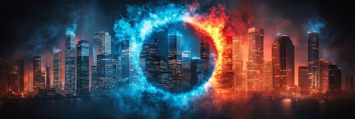 Dramatic Concept, City Contrasts Ozone Layer Protection Versus Looming Warming Danger