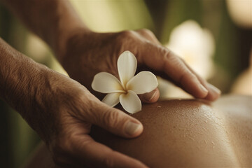 Professional masseur is giving a relaxing back massage with a frangipani flower in a spa, creating a serene and tranquil atmosphere