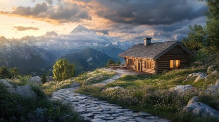 Fototapeta premium Rustic wooden mountain lodge with a stone pathway, dramatic sky 