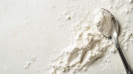 An elegant close-up of milk powder and a silver teaspoon is presented on a clean white background.