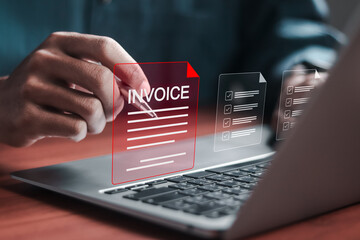 E-invoice and online digital statements concept, Businessman use computer laptop with invoice...