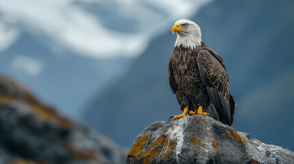 Bald eagle, majestic stance, perched on a rock, mountainous backdrop, Independence Day holiday