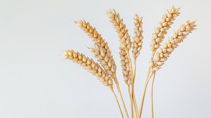 An elegant display of unhusked wheat grains is showcased against a smooth white background.